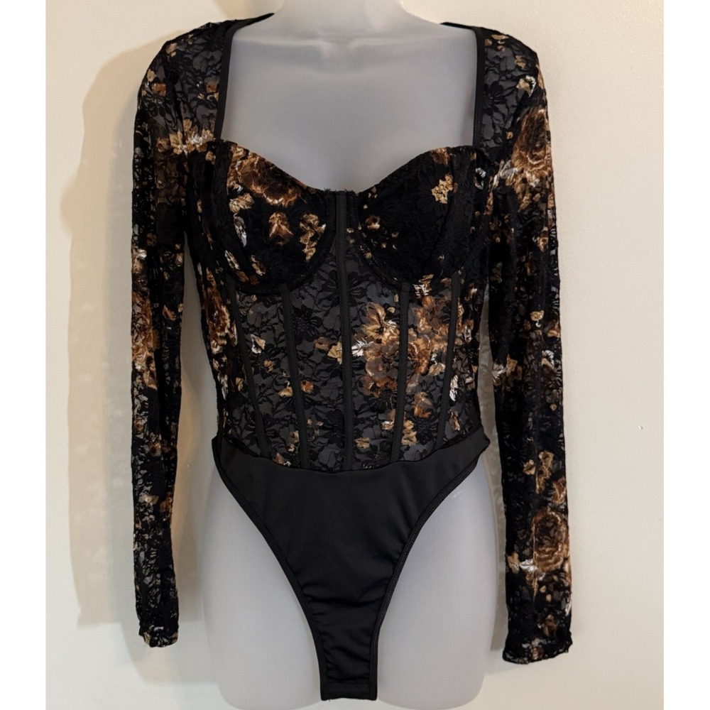 Dark Romantic Floral Babydoll Bodysuit‎ Size L Black Lace Sheer Boning Grunge